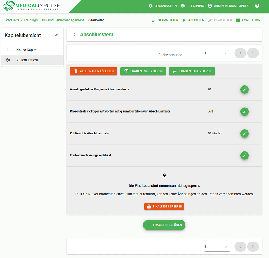 Learning platform TrainingsImpulse Test creation